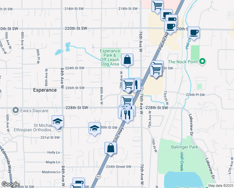 map of restaurants, bars, coffee shops, grocery stores, and more near 22711 78th Avenue West in Edmonds