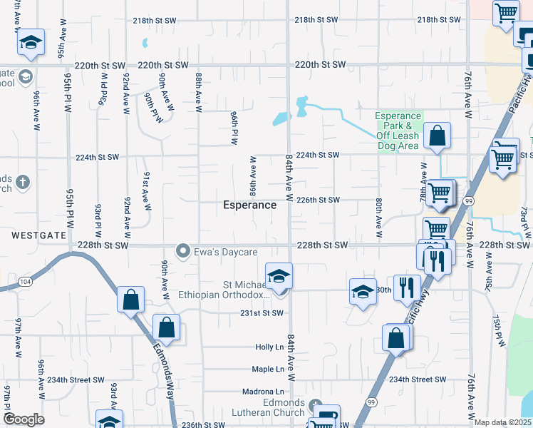 map of restaurants, bars, coffee shops, grocery stores, and more near 22704 85th Avenue West in Edmonds