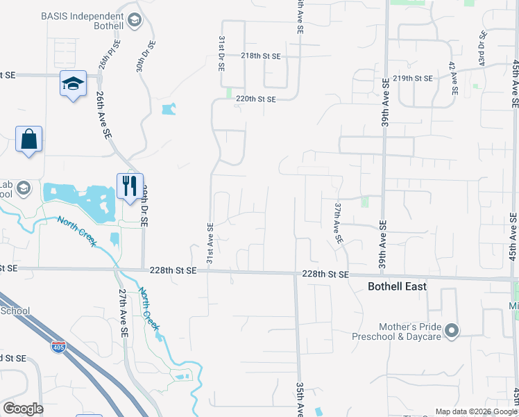 map of restaurants, bars, coffee shops, grocery stores, and more near Canyon Park Mobile Estate Road in Bothell