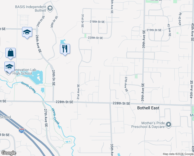 map of restaurants, bars, coffee shops, grocery stores, and more near Canyon Park Mobile Estate Road in Bothell