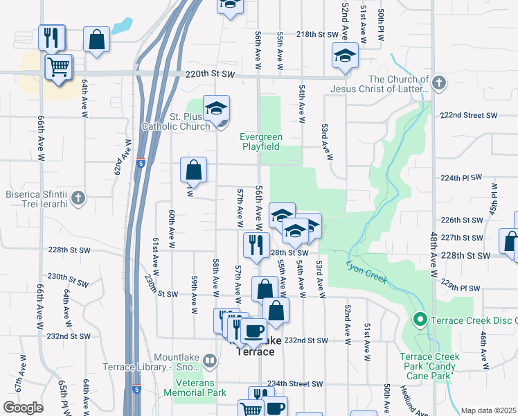 map of restaurants, bars, coffee shops, grocery stores, and more near 22504 56th Avenue West in Mountlake Terrace