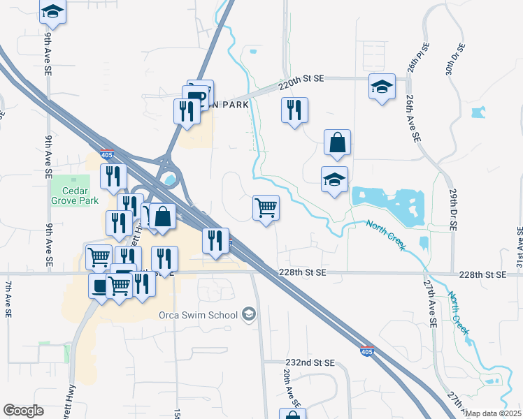 map of restaurants, bars, coffee shops, grocery stores, and more near 22510 20th Avenue Southeast in Bothell