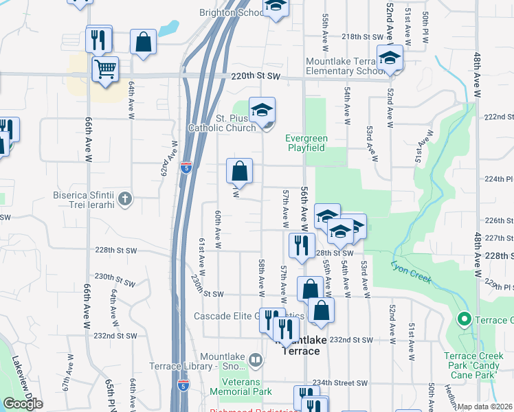 map of restaurants, bars, coffee shops, grocery stores, and more near 22508 58th Avenue West in Mountlake Terrace