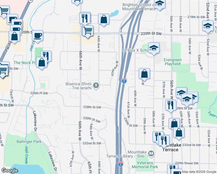 map of restaurants, bars, coffee shops, grocery stores, and more near 22505 62nd Avenue West in Mountlake Terrace