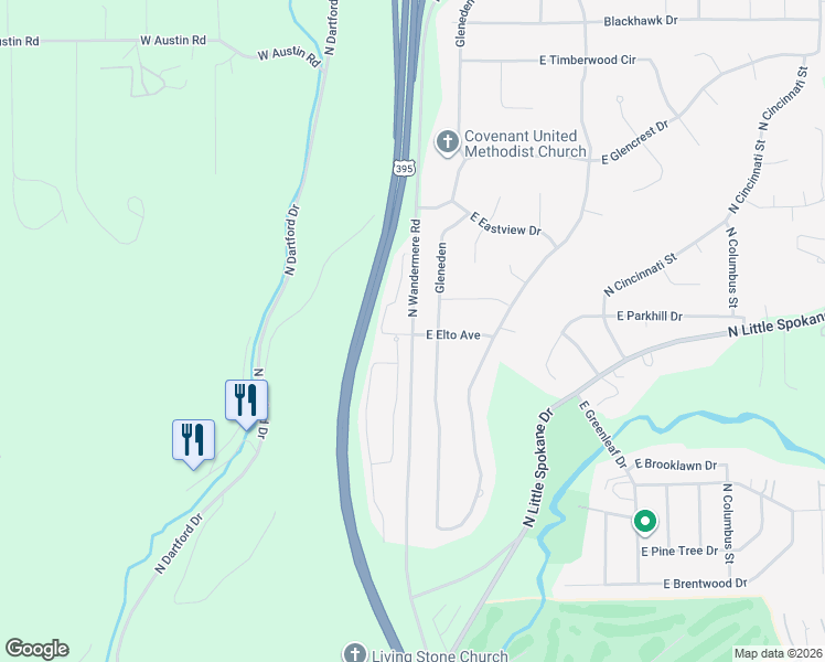 map of restaurants, bars, coffee shops, grocery stores, and more near 15013 North Wandermere Road in Spokane
