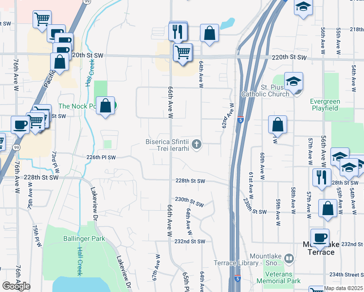 map of restaurants, bars, coffee shops, grocery stores, and more near 6406 225th Place Southwest in Mountlake Terrace