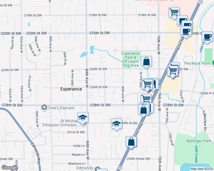 map of restaurants, bars, coffee shops, grocery stores, and more near 22527 82nd Avenue West in Edmonds