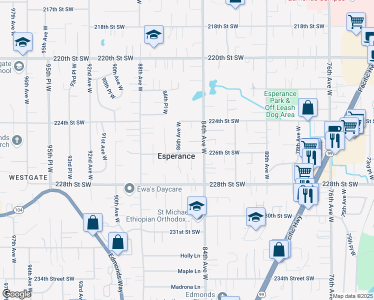 map of restaurants, bars, coffee shops, grocery stores, and more near 8503 226th Street Southwest in Edmonds