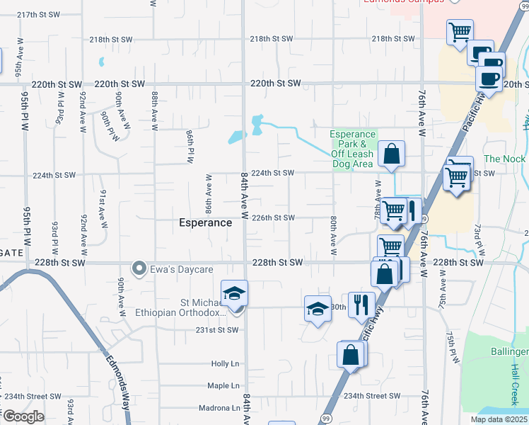 map of restaurants, bars, coffee shops, grocery stores, and more near 8207 226th Street Southwest in Edmonds