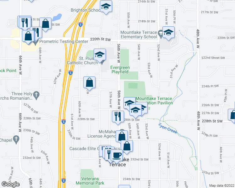 map of restaurants, bars, coffee shops, grocery stores, and more near 22504 56th Avenue West in Mountlake Terrace