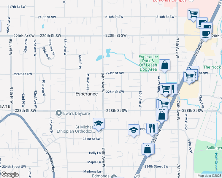 map of restaurants, bars, coffee shops, grocery stores, and more near 8207 226th Street Southwest in Edmonds