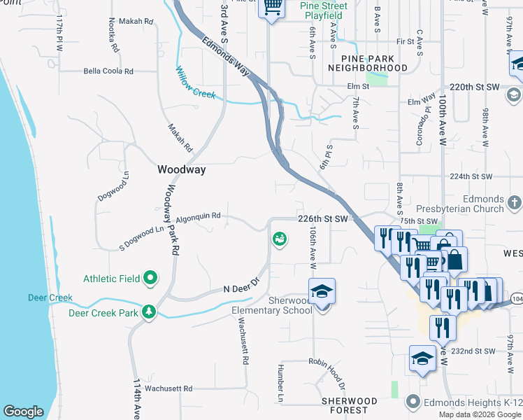 map of restaurants, bars, coffee shops, grocery stores, and more near 10727 226th Street Southwest in Edmonds