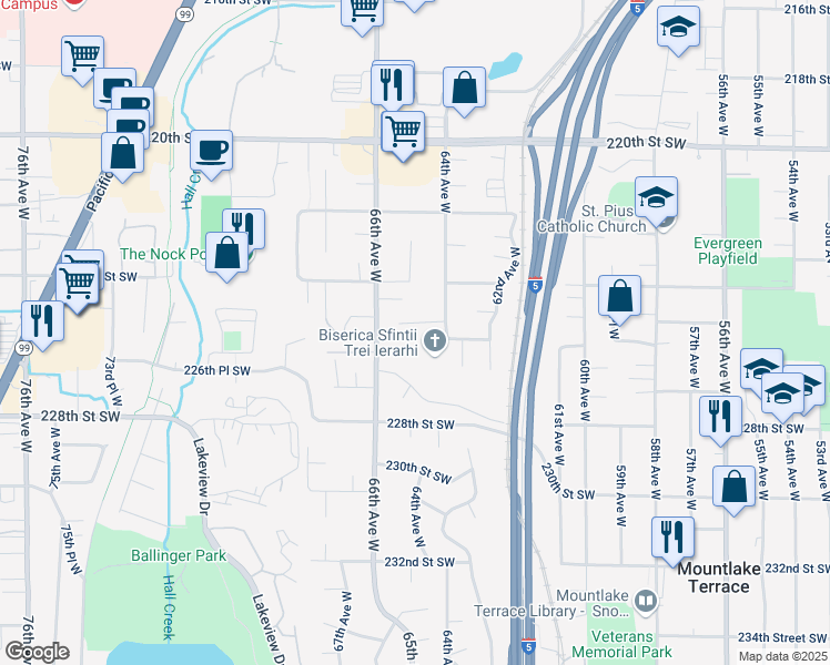 map of restaurants, bars, coffee shops, grocery stores, and more near 6406 225th Place Southwest in Mountlake Terrace