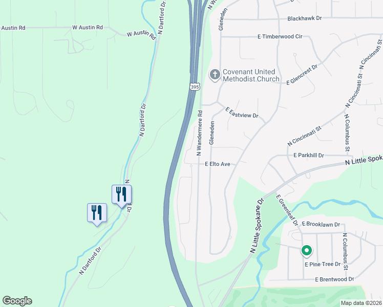 map of restaurants, bars, coffee shops, grocery stores, and more near 15001 North Wandermere Road in Spokane