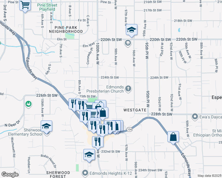 map of restaurants, bars, coffee shops, grocery stores, and more near 9905 225th Place Southwest in Edmonds
