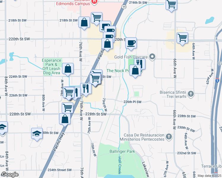 map of restaurants, bars, coffee shops, grocery stores, and more near 22516 72nd Place West in Edmonds