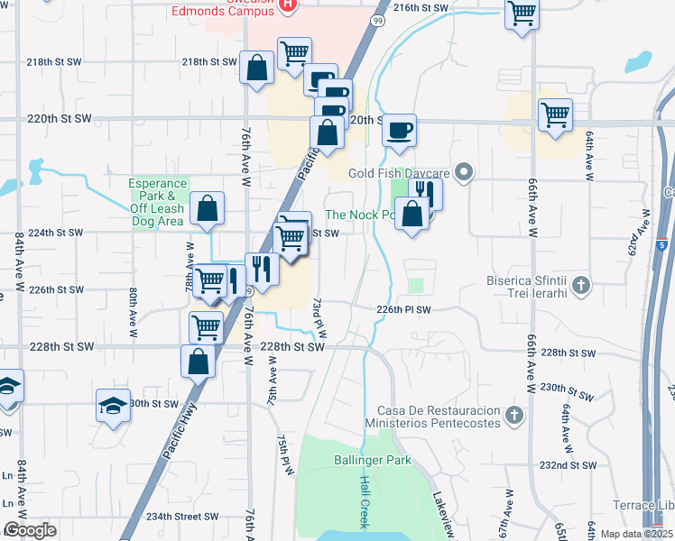 map of restaurants, bars, coffee shops, grocery stores, and more near 22516 72nd Place West in Edmonds
