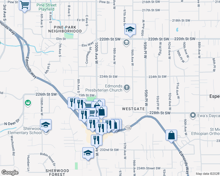 map of restaurants, bars, coffee shops, grocery stores, and more near 9905 225th Place Southwest in Edmonds