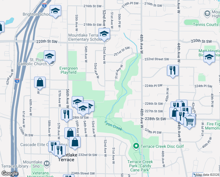 map of restaurants, bars, coffee shops, grocery stores, and more near 22508 51st Avenue West in Mountlake Terrace