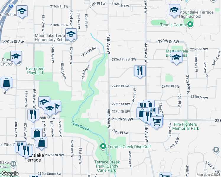map of restaurants, bars, coffee shops, grocery stores, and more near 4708 224th Place Southwest in Mountlake Terrace