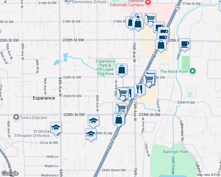 map of restaurants, bars, coffee shops, grocery stores, and more near 22600 78th Avenue West in Edmonds