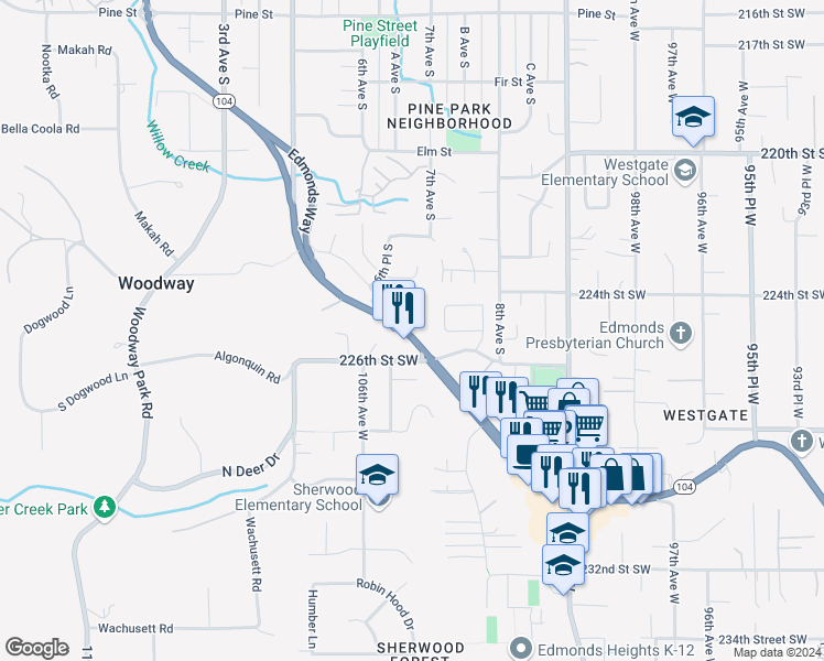 map of restaurants, bars, coffee shops, grocery stores, and more near 651 Washington 104 in Edmonds