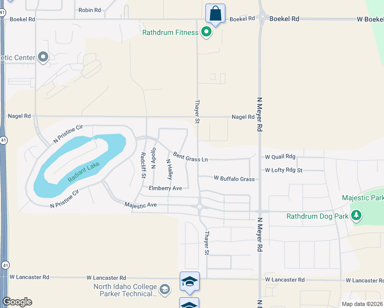 map of restaurants, bars, coffee shops, grocery stores, and more near 6857 Bent Grass Lane in Rathdrum