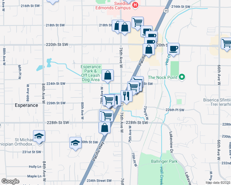 map of restaurants, bars, coffee shops, grocery stores, and more near 22424 77th Avenue West in Edmonds