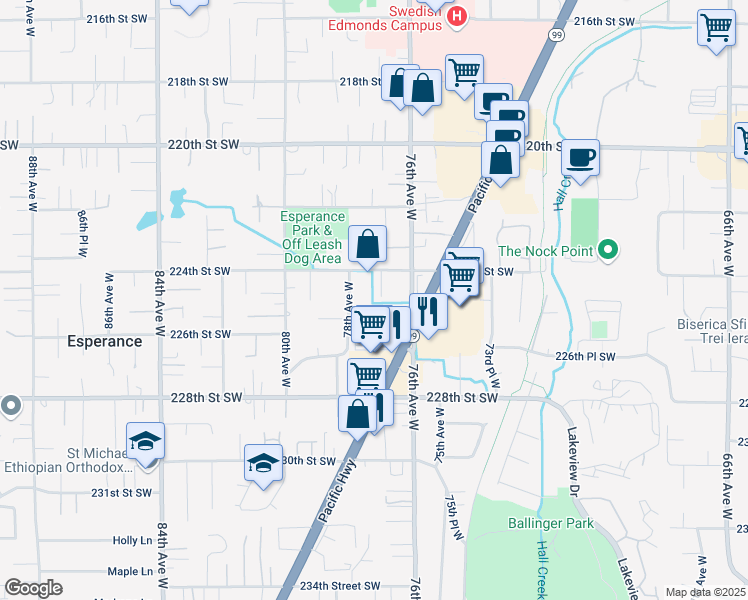 map of restaurants, bars, coffee shops, grocery stores, and more near 22424 77th Avenue West in Edmonds