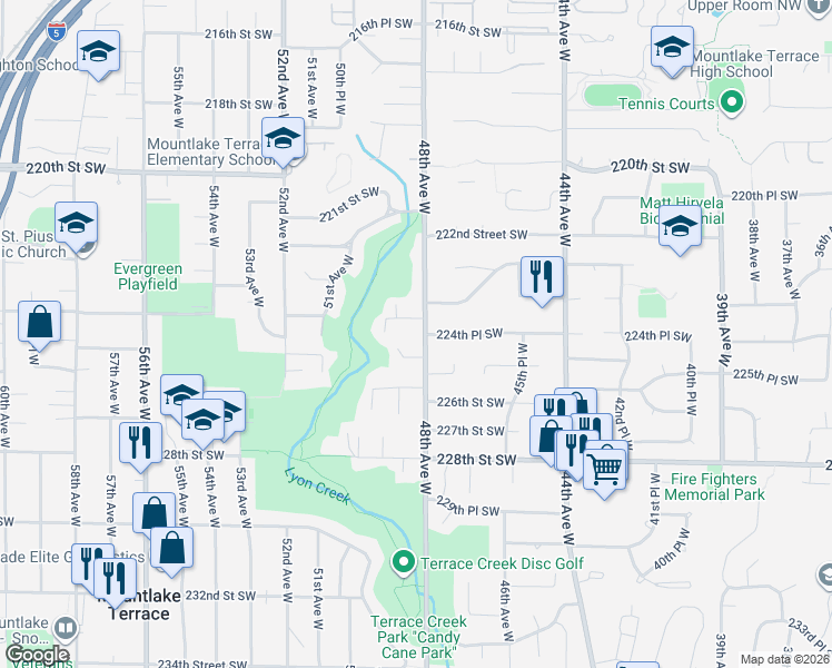 map of restaurants, bars, coffee shops, grocery stores, and more near 22404 48th Avenue West in Mountlake Terrace