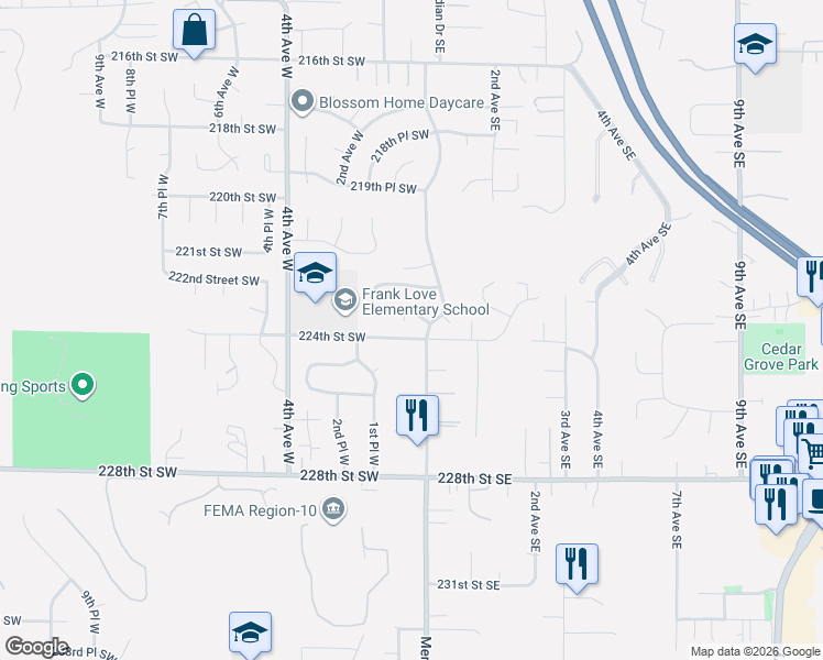 map of restaurants, bars, coffee shops, grocery stores, and more near 22408 Meridian Avenue South in Bothell