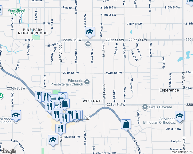 map of restaurants, bars, coffee shops, grocery stores, and more near 9517 224th Street Southwest in Edmonds