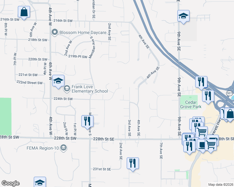 map of restaurants, bars, coffee shops, grocery stores, and more near 22131 1st Drive Southeast in Bothell