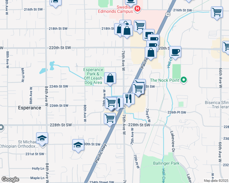 map of restaurants, bars, coffee shops, grocery stores, and more near 7706 224th Street Southwest in Edmonds