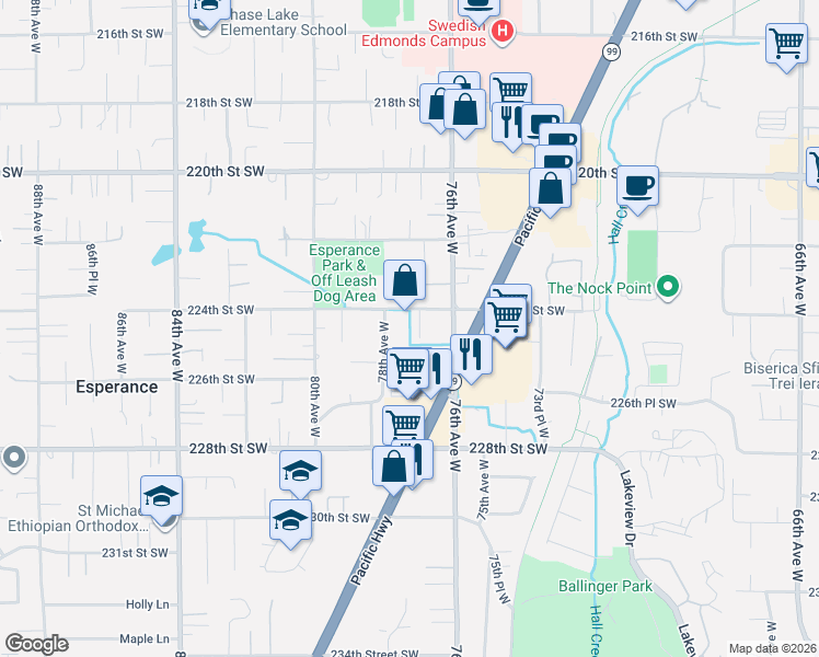 map of restaurants, bars, coffee shops, grocery stores, and more near 7706 224th Street Southwest in Edmonds