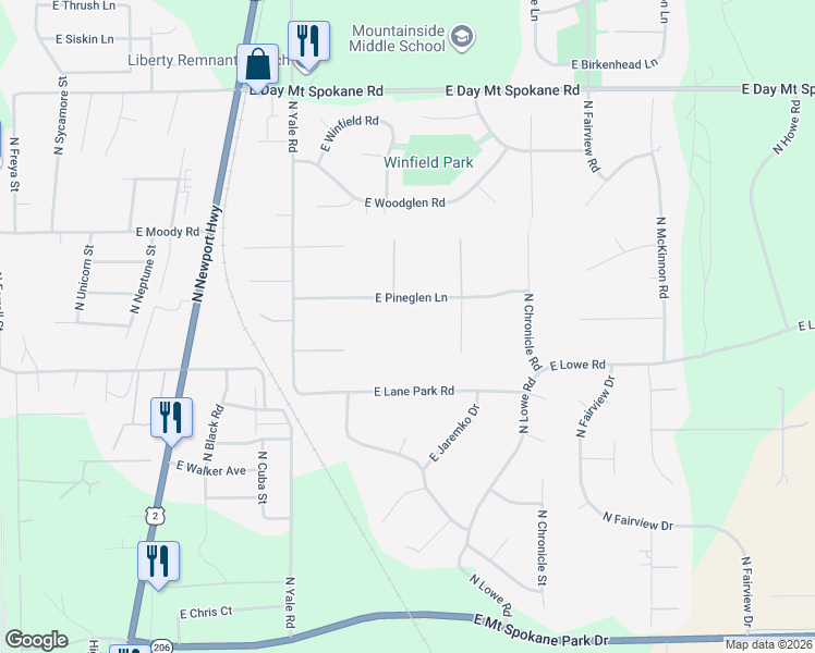 map of restaurants, bars, coffee shops, grocery stores, and more near 4512 East Pineglen Lane in Mead