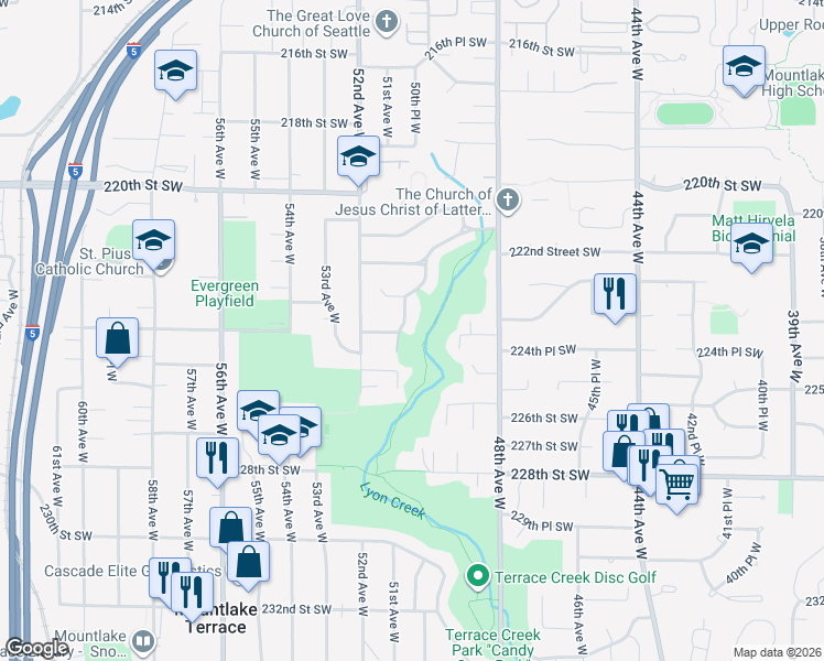map of restaurants, bars, coffee shops, grocery stores, and more near 22303 51st Avenue West in Mountlake Terrace