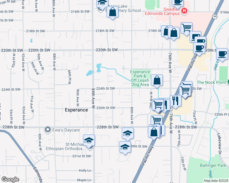 map of restaurants, bars, coffee shops, grocery stores, and more near 8122 224th Street Southwest in Edmonds