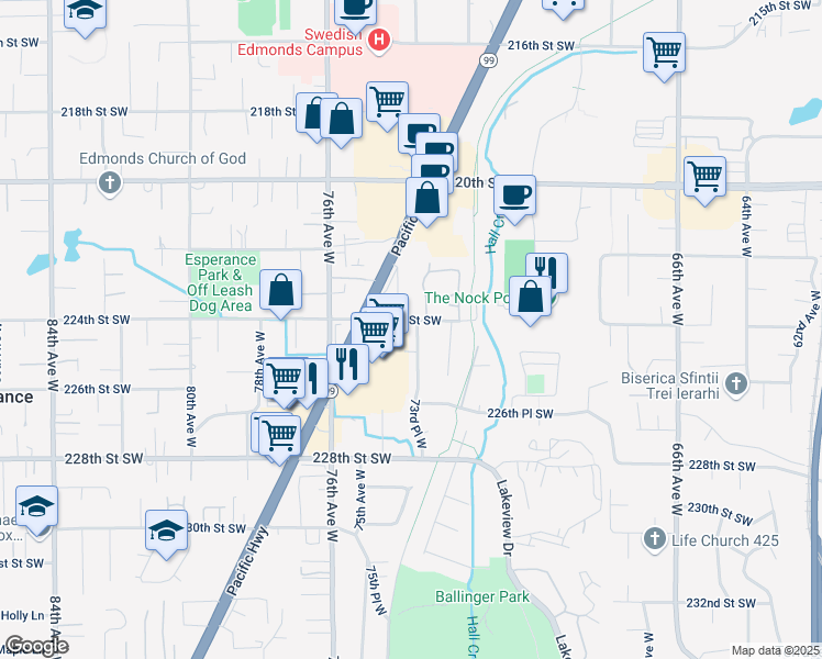 map of restaurants, bars, coffee shops, grocery stores, and more near 7322 224th Street Southwest in Edmonds
