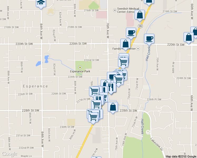 map of restaurants, bars, coffee shops, grocery stores, and more near 7706 224th Street Southwest in Edmonds