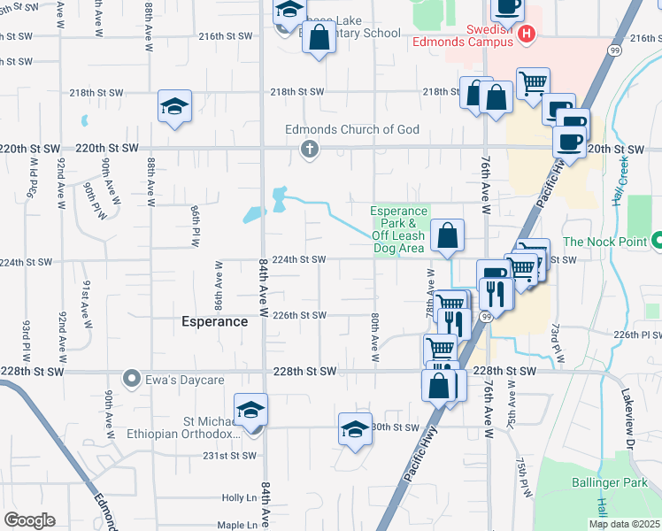 map of restaurants, bars, coffee shops, grocery stores, and more near 8122 224th Street Southwest in Edmonds