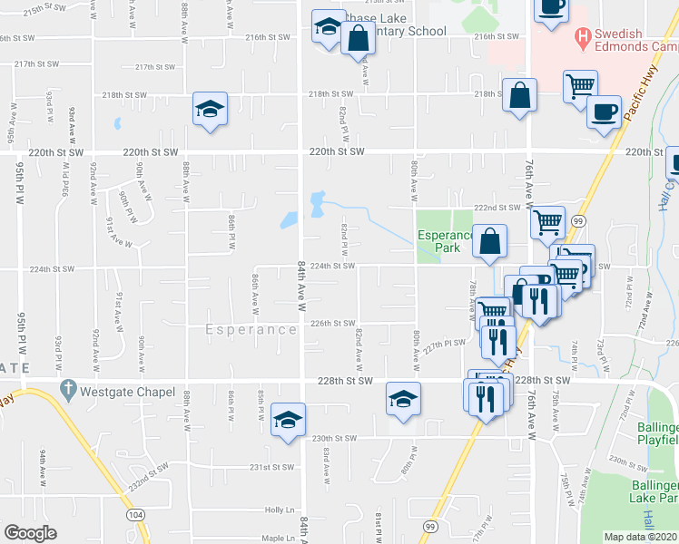 map of restaurants, bars, coffee shops, grocery stores, and more near 8220 224th Street Southwest in Edmonds