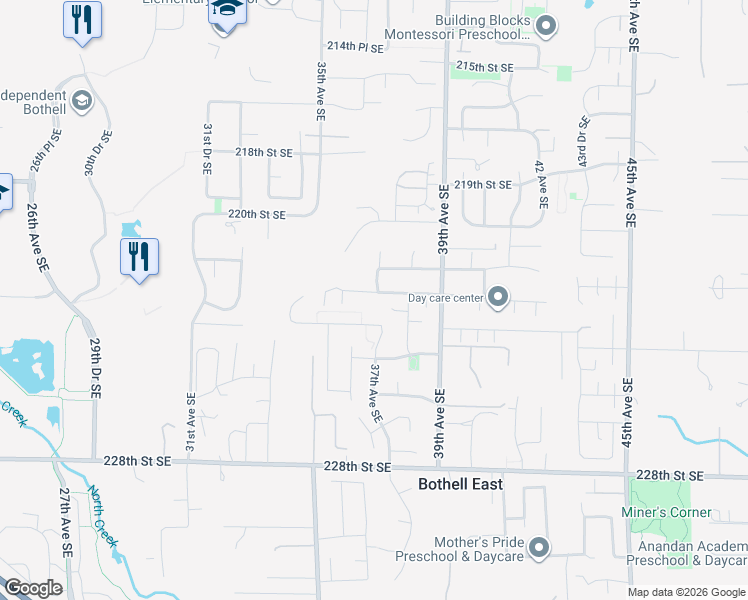 map of restaurants, bars, coffee shops, grocery stores, and more near 3626 222nd Place Southeast in Bothell