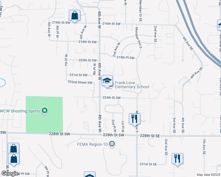 map of restaurants, bars, coffee shops, grocery stores, and more near 303 224th Street Southwest in Bothell