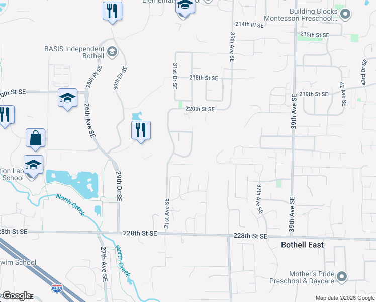 map of restaurants, bars, coffee shops, grocery stores, and more near 22216 32nd Avenue Southeast in Bothell