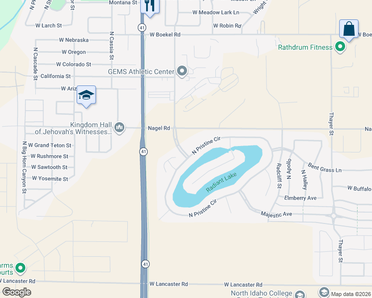 map of restaurants, bars, coffee shops, grocery stores, and more near 15468 North Pristine Circle in Rathdrum