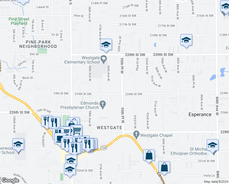 map of restaurants, bars, coffee shops, grocery stores, and more near 9517 224th Street Southwest in Edmonds