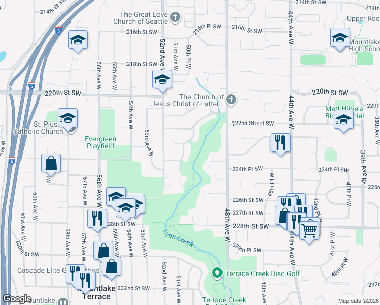 map of restaurants, bars, coffee shops, grocery stores, and more near 22303 51st Avenue West in Mountlake Terrace