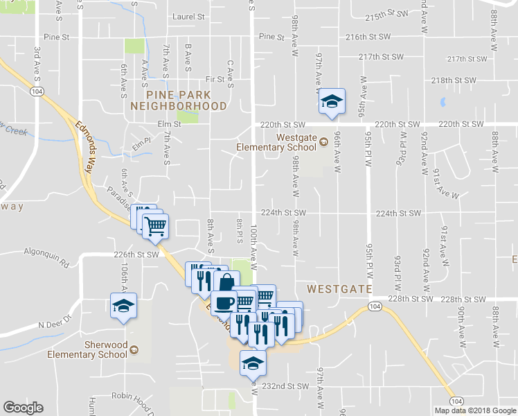 map of restaurants, bars, coffee shops, grocery stores, and more near 9923 224th Street Southwest in Edmonds