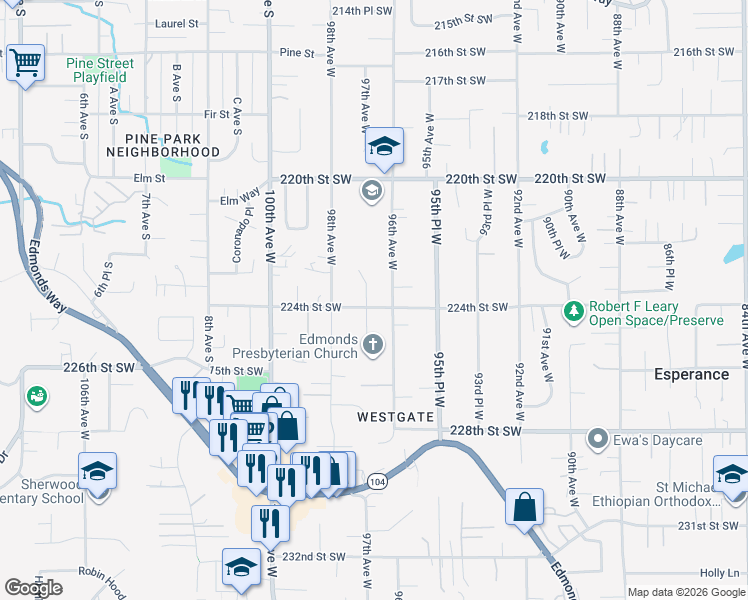 map of restaurants, bars, coffee shops, grocery stores, and more near 9619 224th Street Southwest in Edmonds